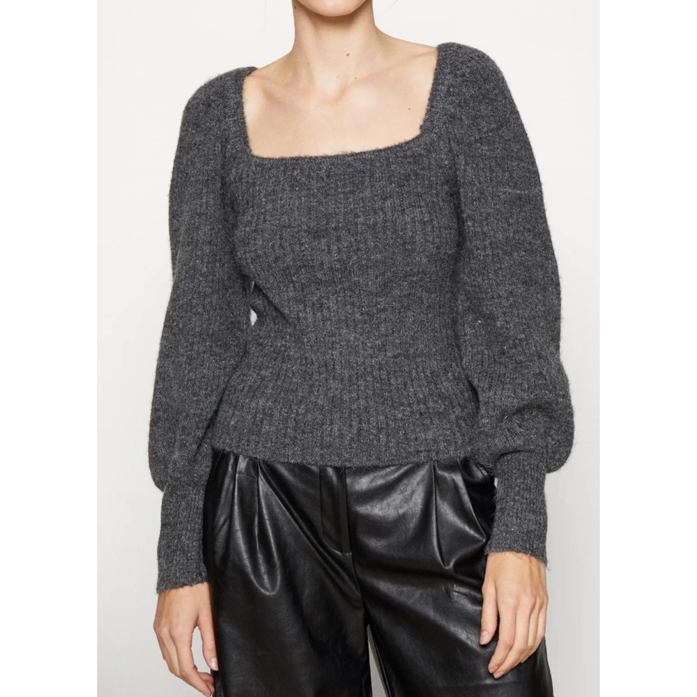 REBECCA MINKOFF PIXI Ribbed Wool Square Neck Sweater‎ Balloon Sleeves Large $198